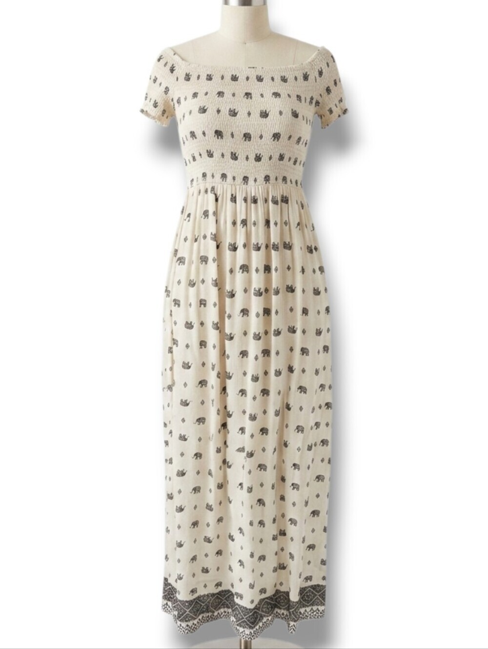 Shosho Elephant Print Off Shoulder Maxi Dress Ivory Juniors Medium